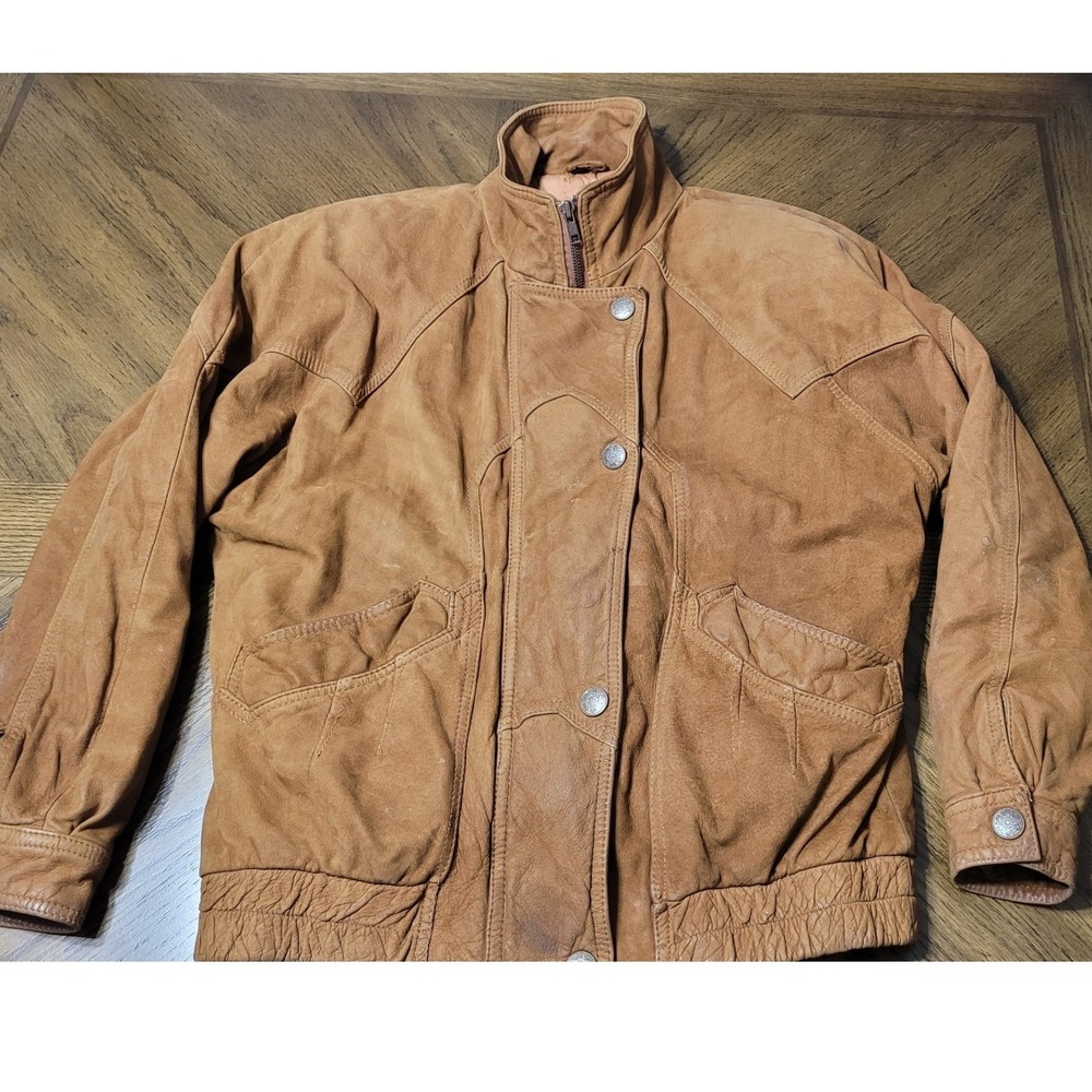 Vintage Adler Tan Brown Leather Western Bomber Jacket Mens Small Suede Finish